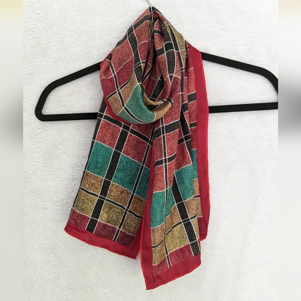 Evan Picone Vintage 100% Silk Scarf, Red, Green, and Yellow Plaid